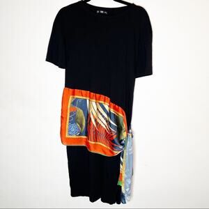 Zara Black Short Sleeve Abstract Scarf Tie Waist Dress SZ S